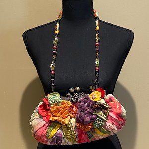 Mary Frances Multi-colored mix fabric, beads and rhinestone shoulder bag